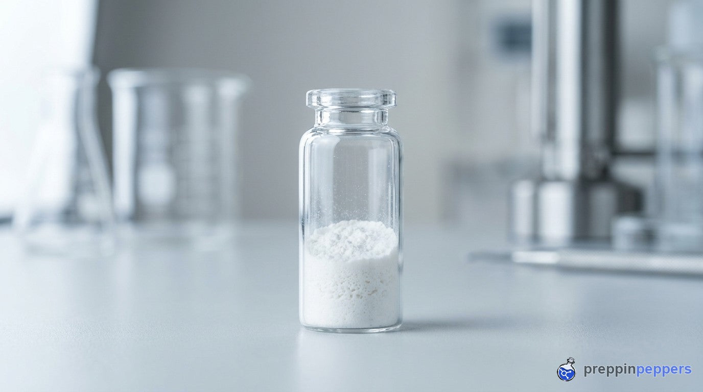 A glass vial of freeze-dried lyophilized powder