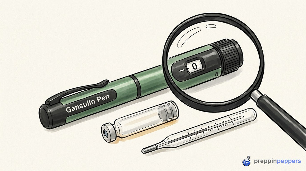 A Gansulin pen and a glass cartridge on a bench, viewed under a magnifying glass next to a thermometer.