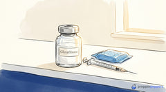 A vial labeled Glutathione with white powder sits on a lab bench next to a syringe and an ice pack.