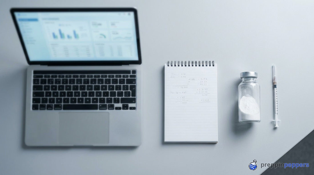A laptop dashboard, notepad and vial from above