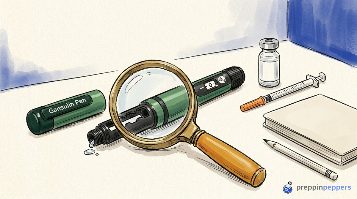An uncapped Gansulin pen on a lab bench, with a magnifying glass highlighting a droplet on its threaded tip.
