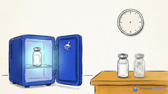 A pristine unlabeled vial glows safely inside a cool mini-fridge, while unprotected vials fade on a warm bench.