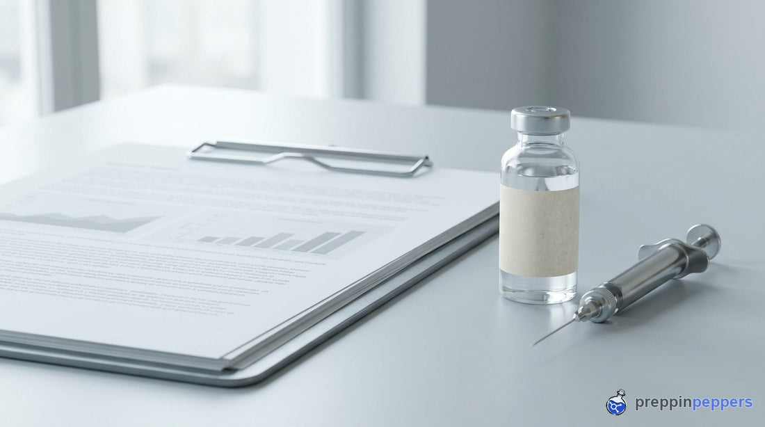 A document and clipboard beside a plain research vial