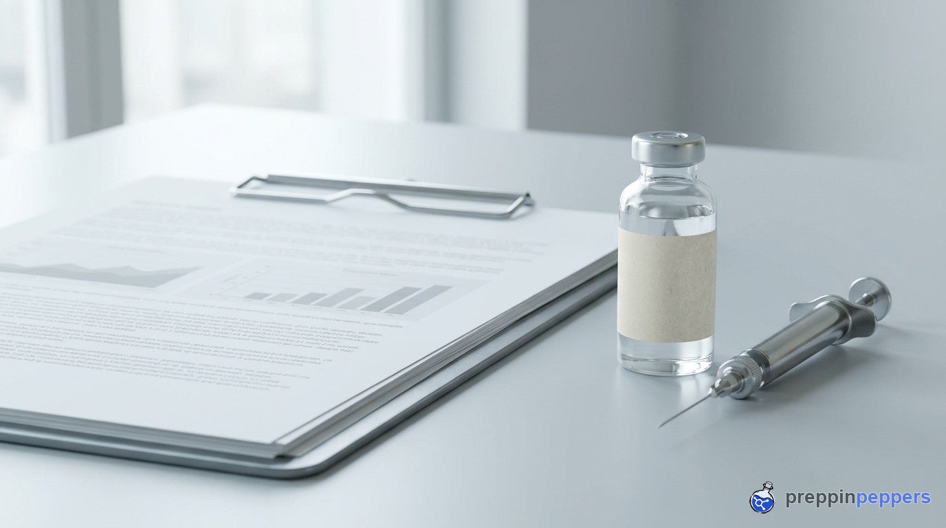 A document and clipboard beside a plain research vial