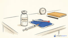 A labeled vial of Melatonin powder on a lab bench next to a syringe, ice pack, thermometer, and a small clock.