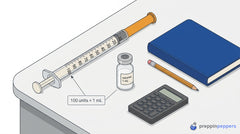 Diagram of a U-100 syringe and a 1 mL vial on a lab bench next to a notebook, pencil, and calculator.