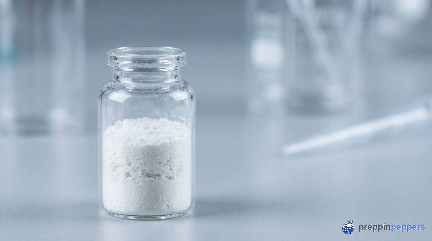 A glass vial of freeze-dried lyophilized powder