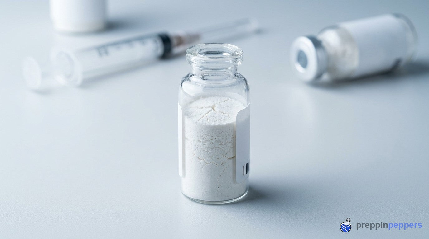 A glass vial holding a white freeze-dried lyophilized powder cake