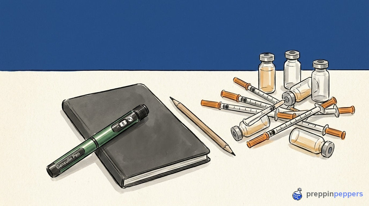 A Gansulin peptide pen next to a pile of multiple disposable syringes and unlabeled vials on a lab bench.