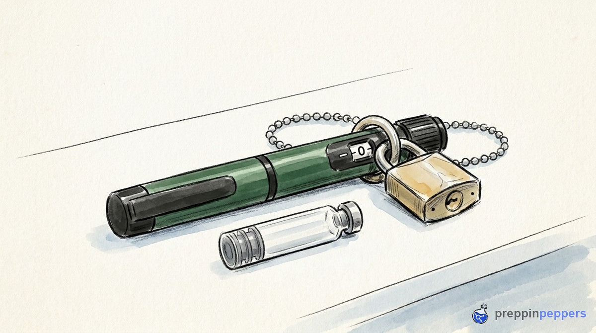 A Gansulin peptide pen next to a locked padlock securing a beaded chain, symbolizing precision dose locking.