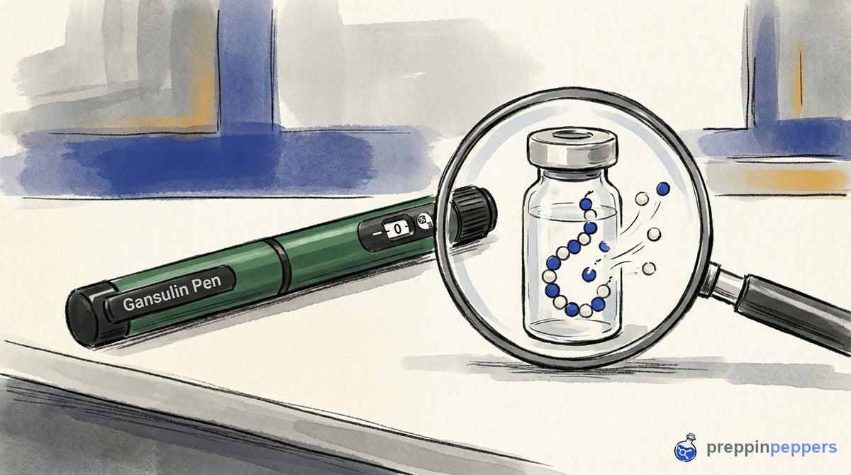 A magnifying glass reveals a beaded peptide chain breaking apart inside a Gansulin pen cartridge.