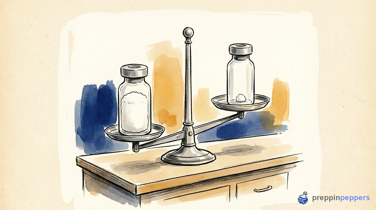 A balance scale comparing two unlabeled vials, one with a full white powder cake and one nearly empty, showing a volume discrepancy.