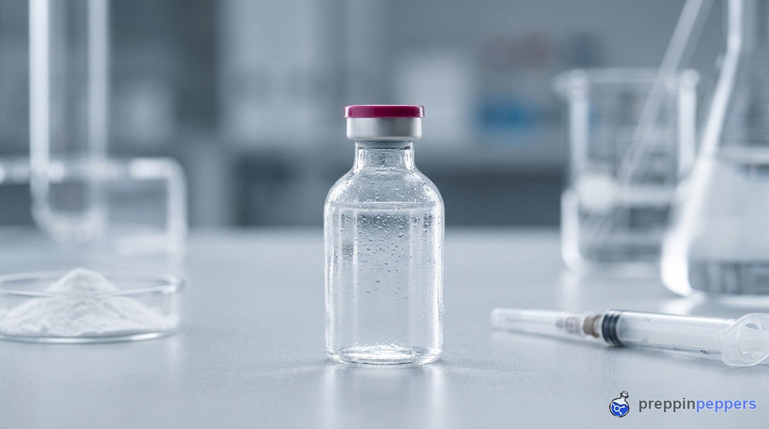 A vial of bacteriostatic water, low angle