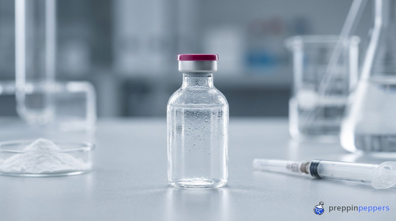 A vial of bacteriostatic water, low angle