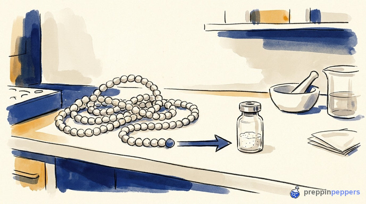 A beaded chain representing bractoppin with an arrow pointing from its N-terminus to a vial of tagging powder.