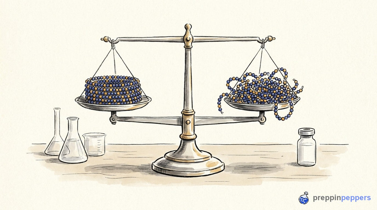 A balance scale holding a neat beaded chain and a tangled one at identical heights, showing equal weight.