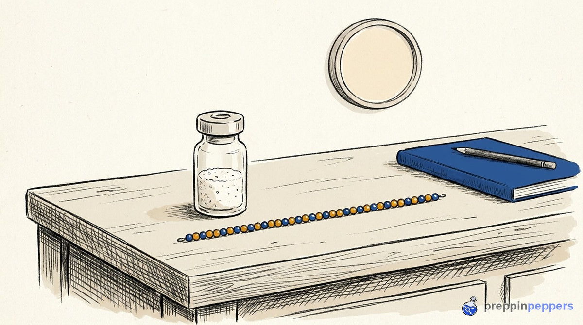 An unlabeled glass vial with white powder, a beaded chain, a closed notebook, and a blank clock on a lab bench.