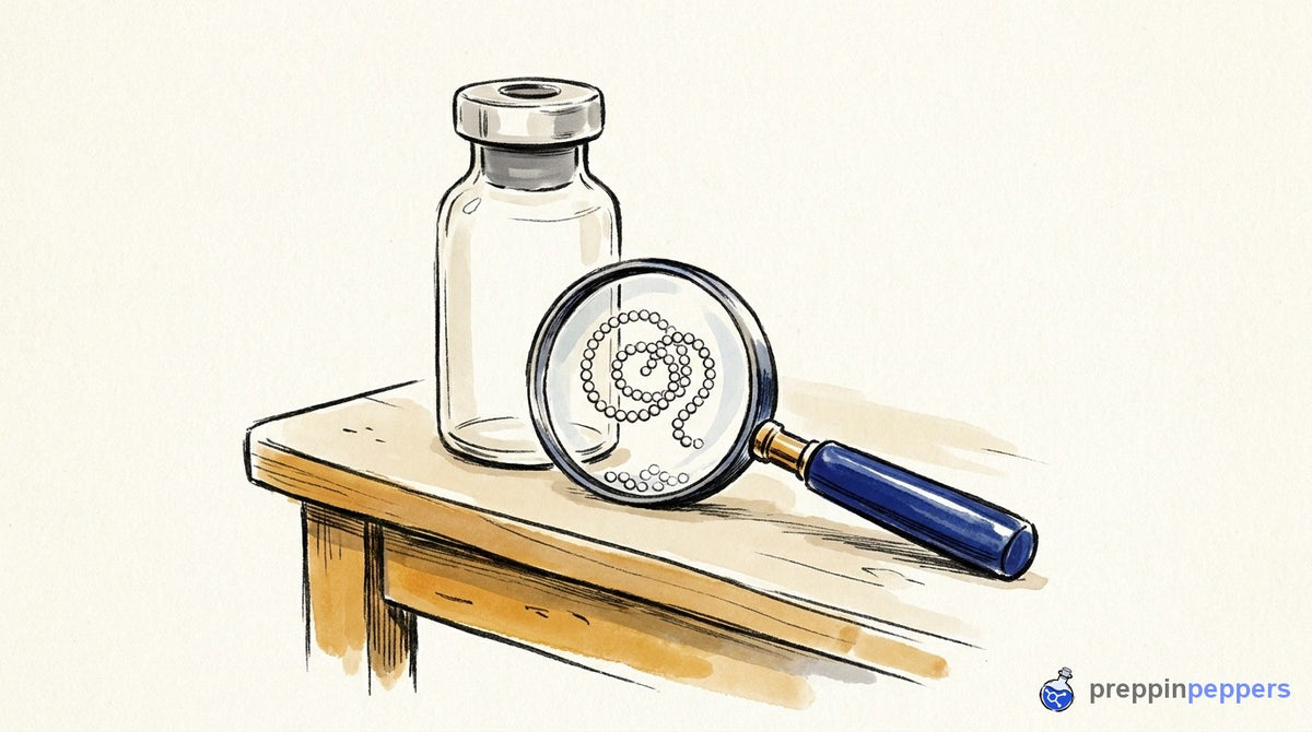 A magnifying glass reveals a beaded peptide chain and loose counterion beads inside a plain unlabeled vial.