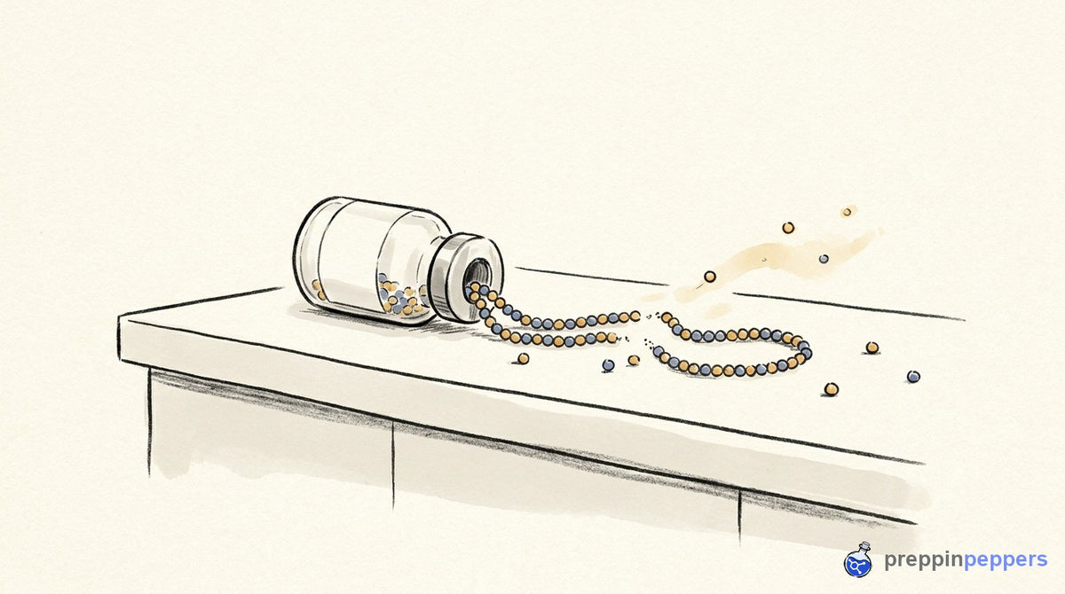 A beaded peptide chain spilling from an unlabeled vial breaks apart, illustrating enpep protein degradation.