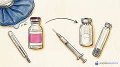 Illustration of a bacteriostatic-water vial warmed to room temperature next to a powder vial, syringe, and ice pack.