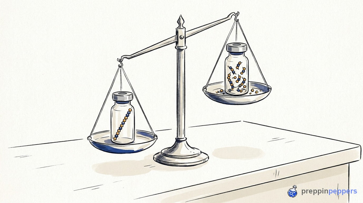 A balance scale comparing an intact beaded chain in a vial to a broken one, showing functional differences.