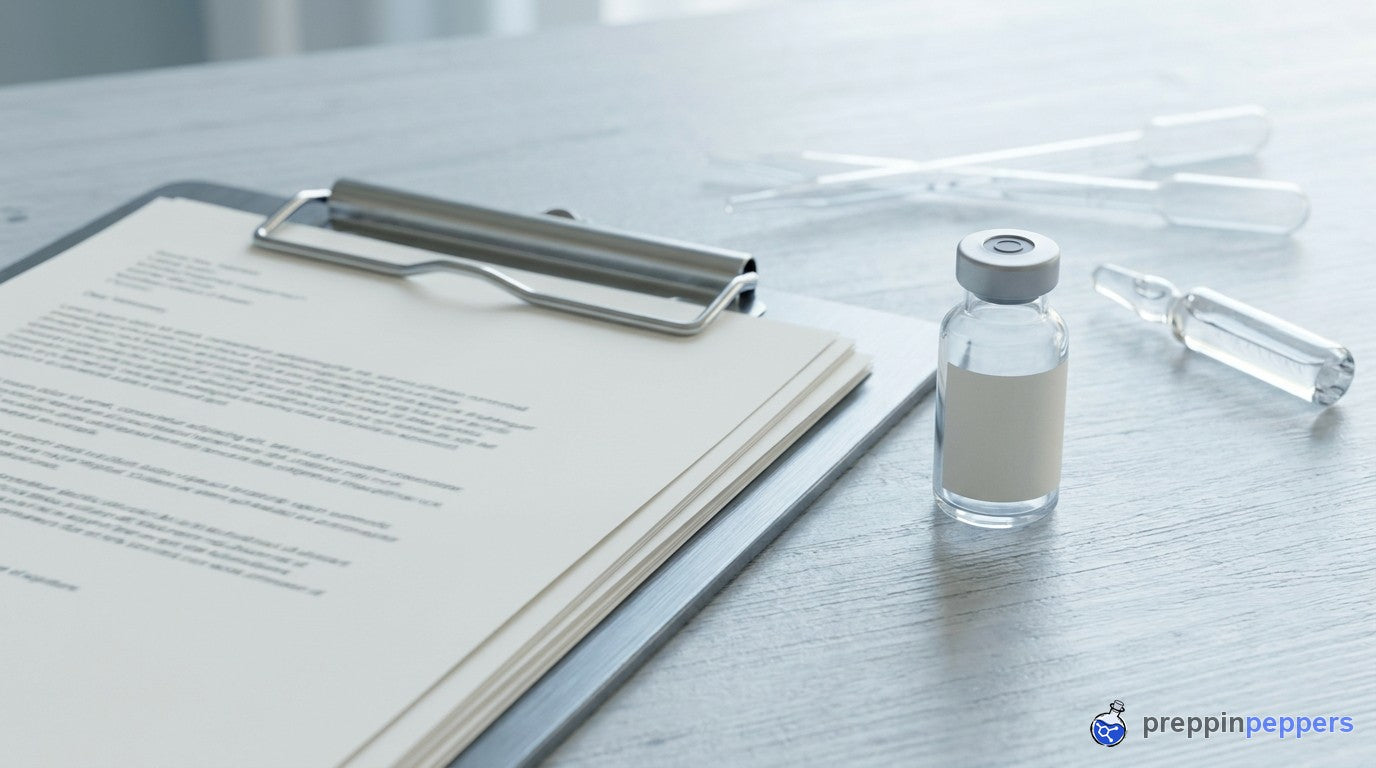 A document and clipboard beside a plain research vial
