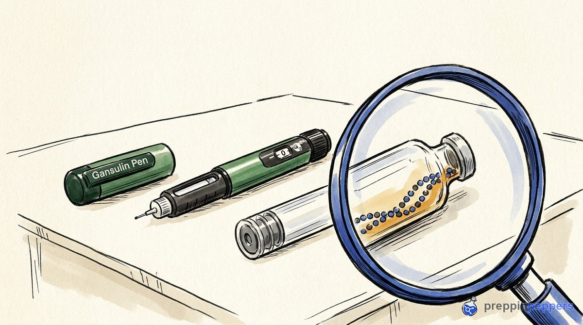 Uncapped Gansulin pen next to a glass cartridge with a beaded peptide chain trapped in the tip under a magnifying glass.