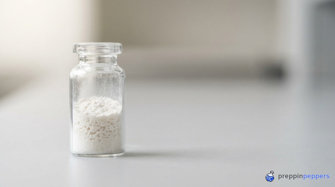 A glass vial of freeze-dried lyophilized powder