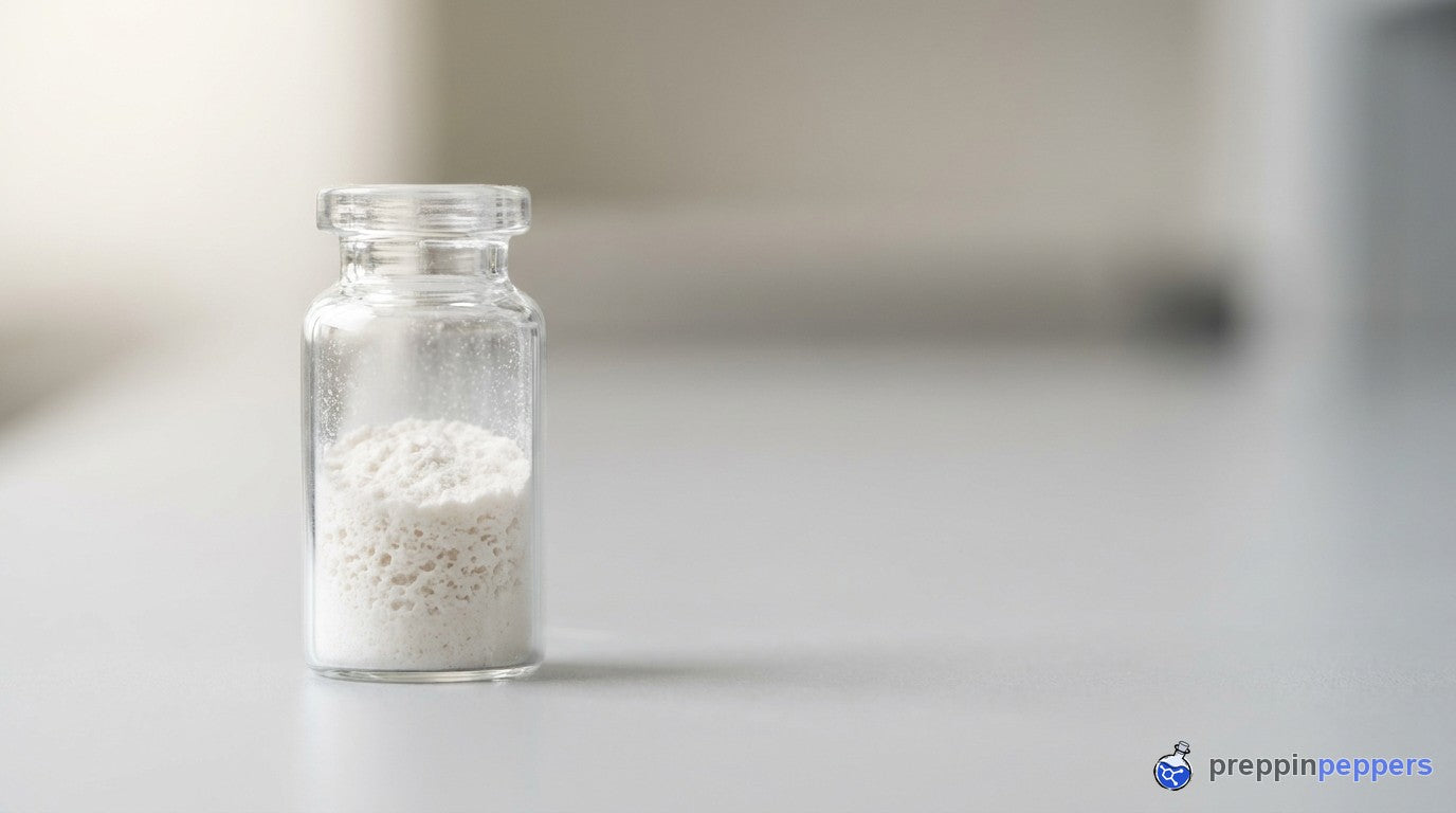 A glass vial of freeze-dried lyophilized powder