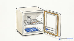 An open mini-fridge containing a vial labeled Hyaluronic acid, a thermometer, and an ice pack.