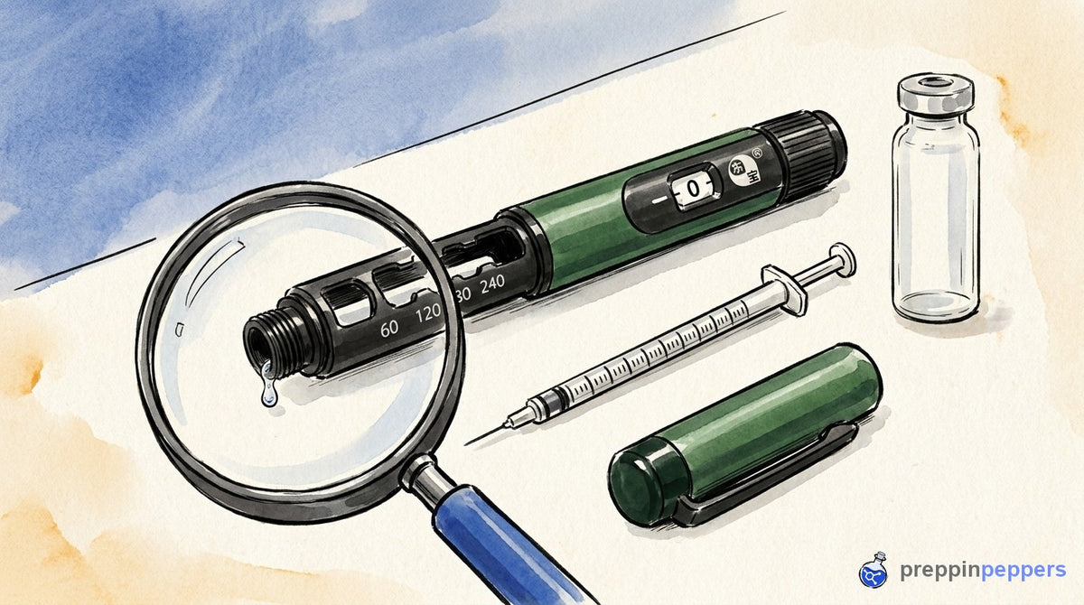 Magnifying glass showing dead volume droplet on a Gansulin pen tip next to a fine syringe for metering comparison.