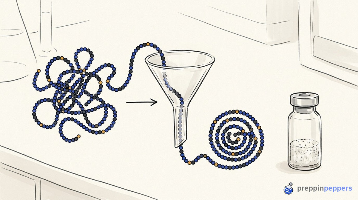 A beaded chain representing a peptide passes through a funnel, transforming from a tangled jumble into a neat spiral.