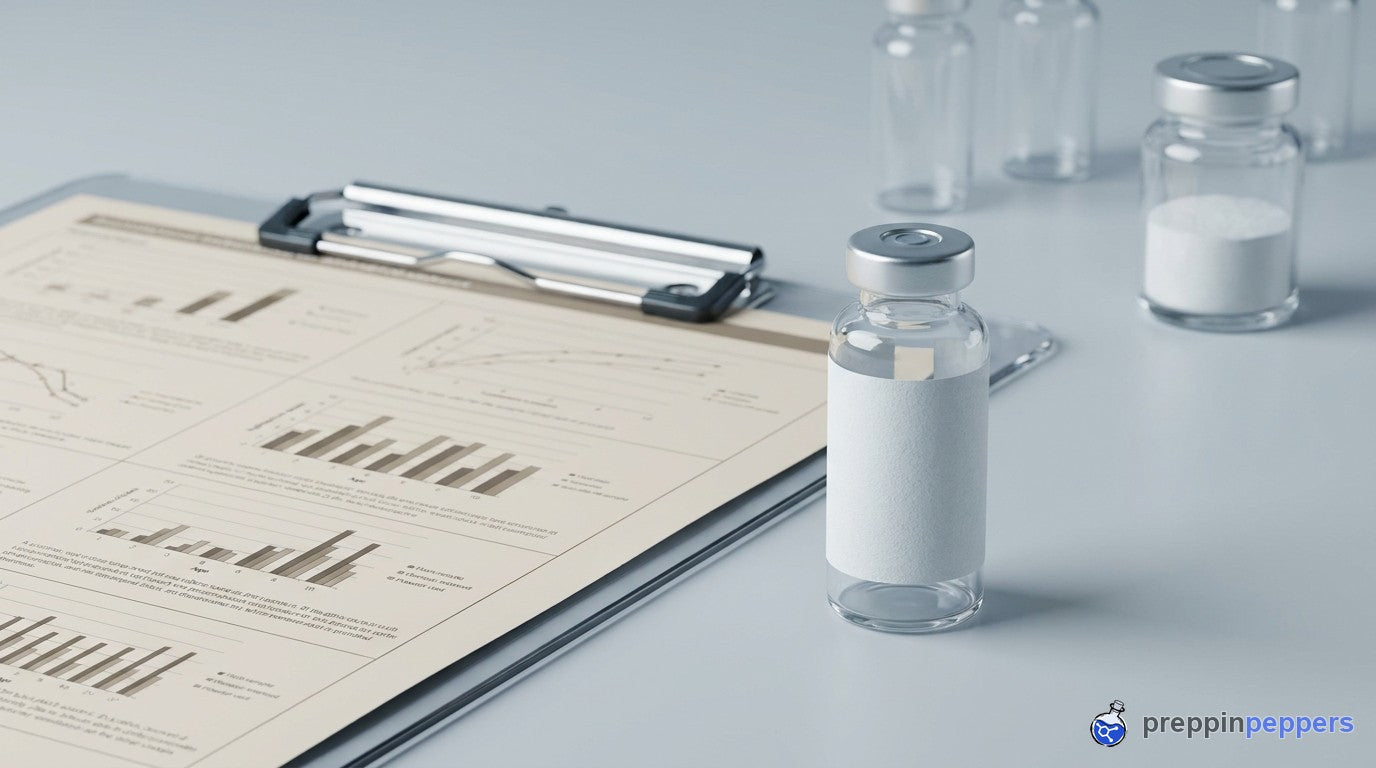 A document and clipboard beside a plain research vial