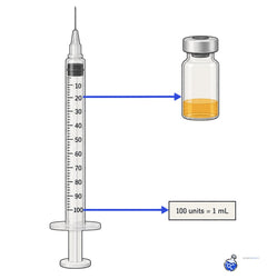 U‑100 insulin syringe showing 20‑unit tick pointing to a vial filled to about 0.2 mL, and 100‑unit tick linked to ‘100 units = 1 mL’ box.