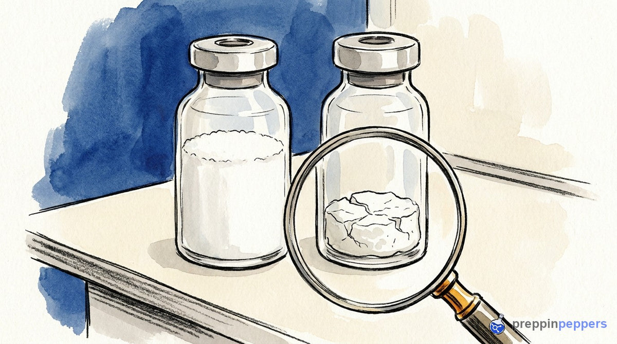 Two unlabeled vials side-by-side, one with a perfect fluffy white cake and one with a shrunken, cracked cake.