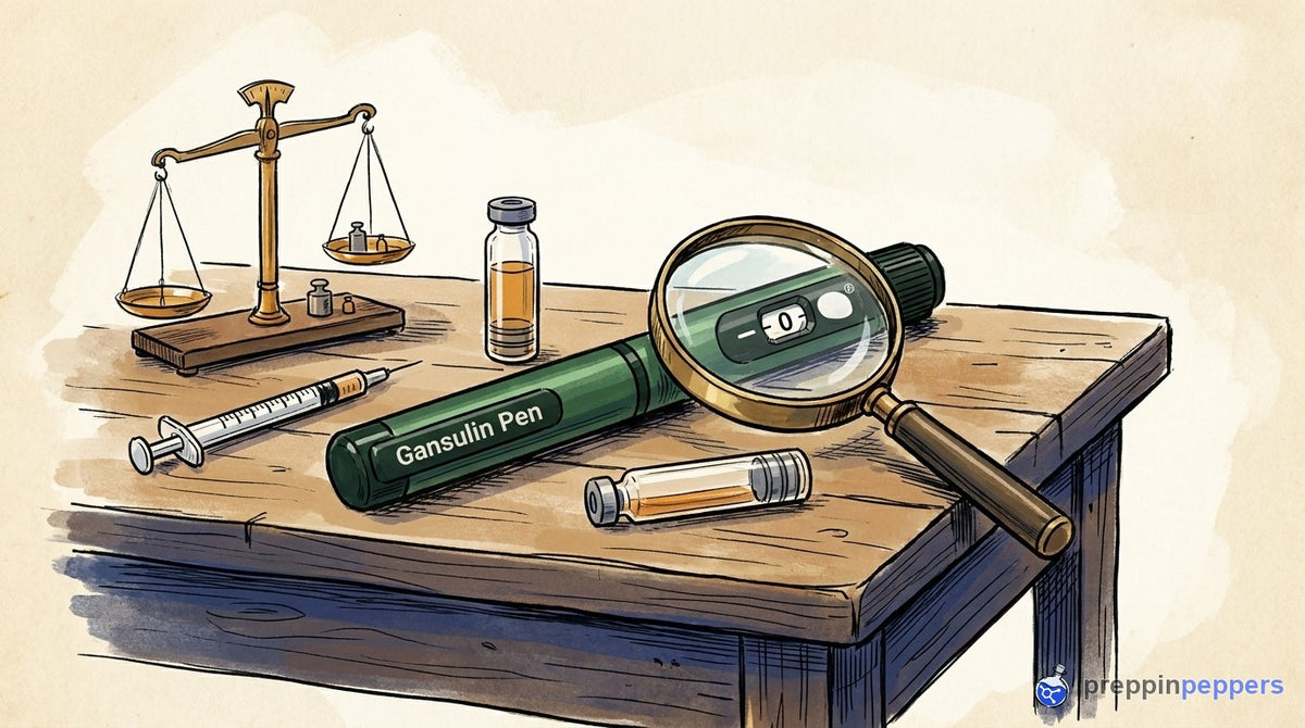 An ink-and-wash illustration of a Gansulin pen, a glass cartridge, a magnifying glass, and a balance scale on a bench.