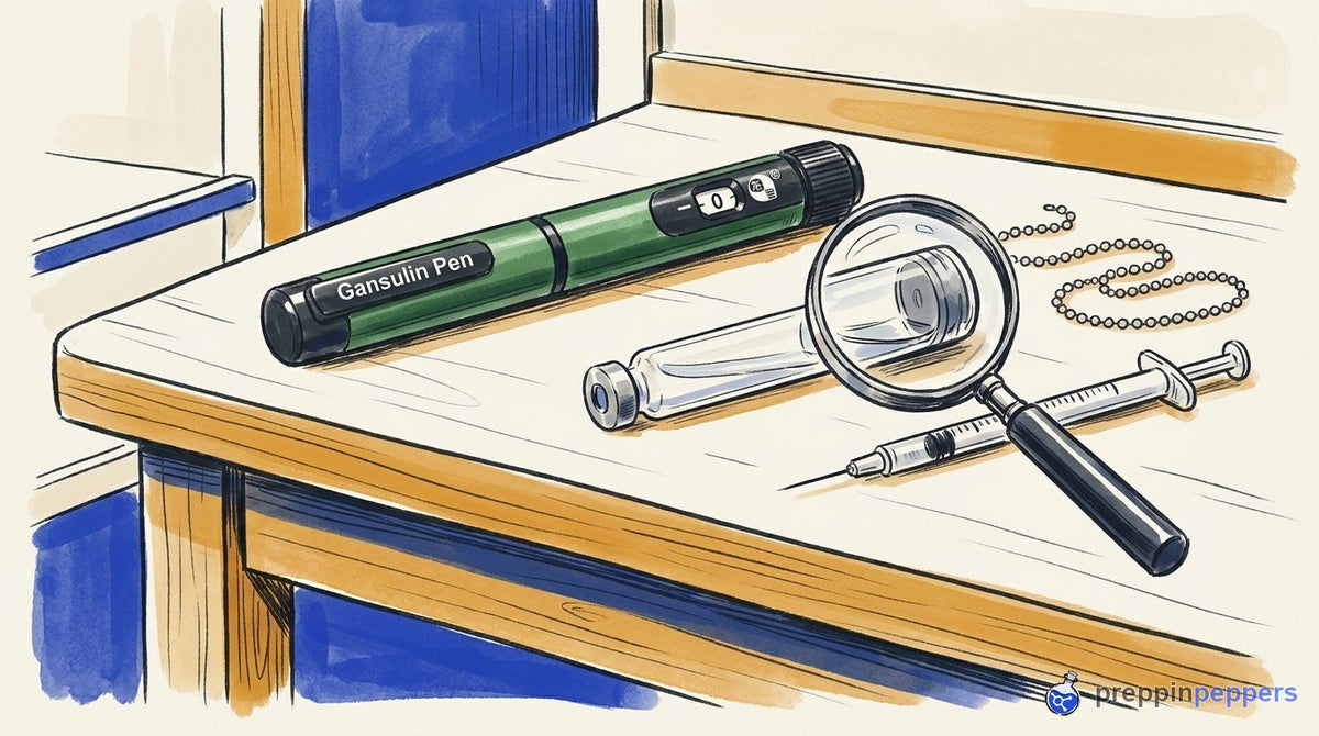 A Gansulin pen and a glass cartridge under a magnifying glass, showing leftover liquid, in an ink-and-wash style.