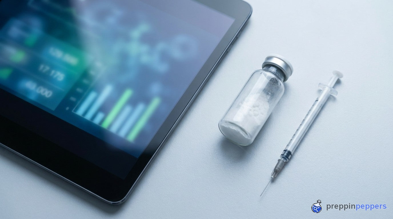 A dosing-calculator screen beside a vial and a syringe