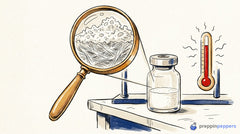 A magnifying glass reveals a lyophilized powder cake collapsing into dense fibrils next to a thermometer.