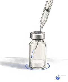 Syringe injecting bacteriostatic water against vial wall with swirl arrow