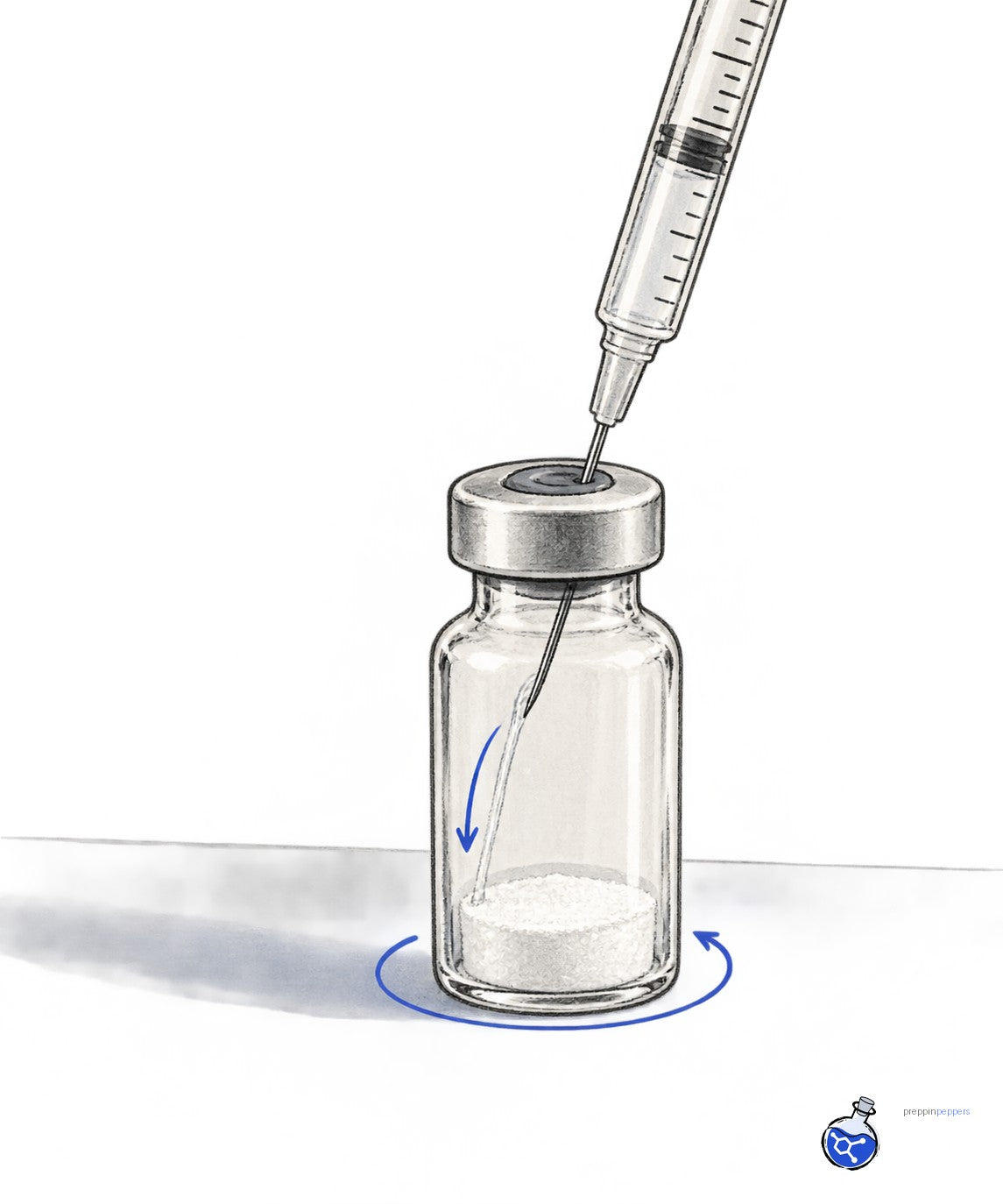 Syringe injecting bacteriostatic water against vial wall with swirl arrow