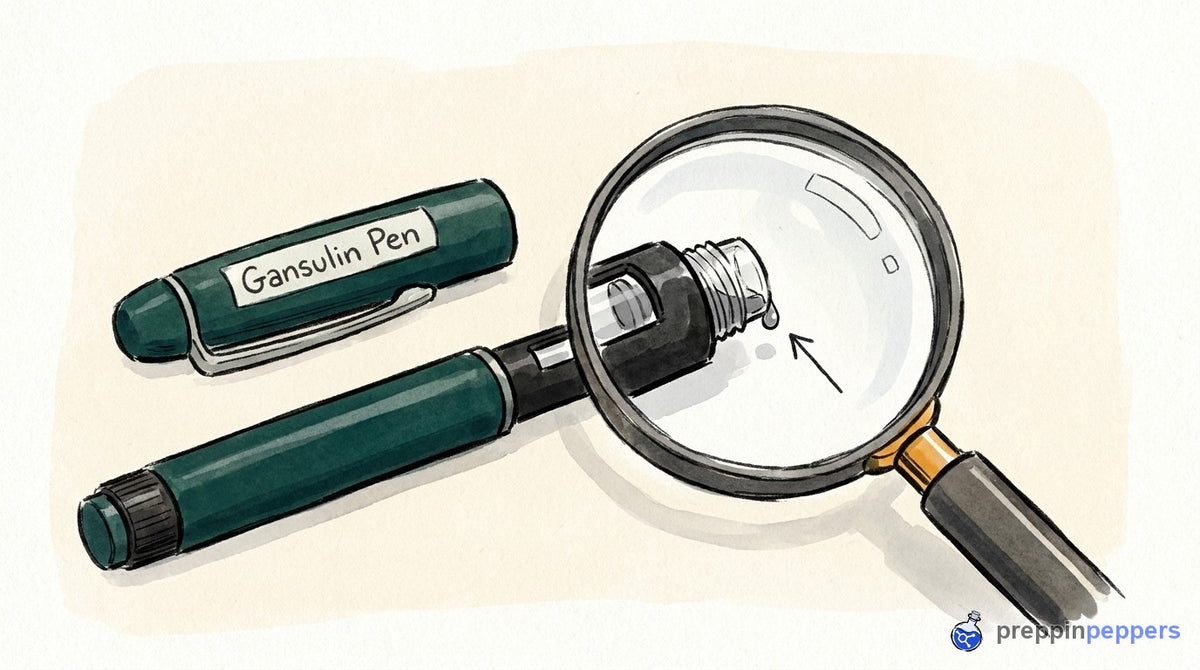 Magnifying glass highlighting trapped liquid in the dead space at the tip of an uncapped Gansulin pen cartridge.