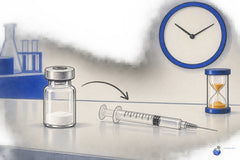 Open vial with lyophilized peptide, syringe with fresh solution, hourglass and clock showing immediate use, swirl arrow.