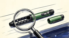 Magnifying glass showing an empty Gansulin pen cartridge window while the dose dial remains at zero.