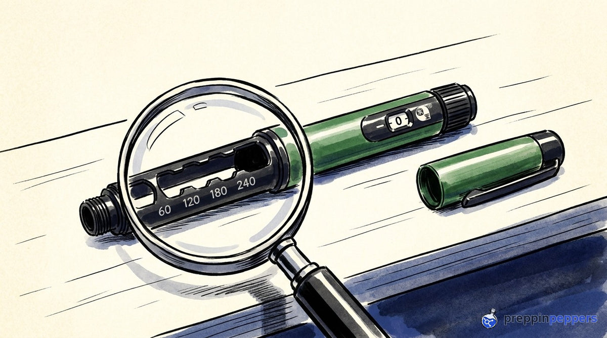 Magnifying glass showing an empty Gansulin pen cartridge window while the dose dial remains at zero.