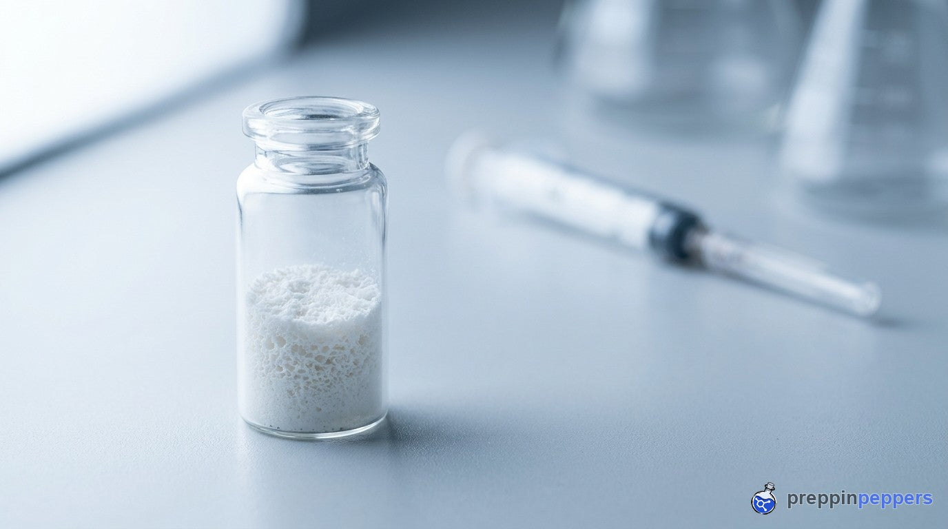 A glass vial of freeze-dried lyophilized powder