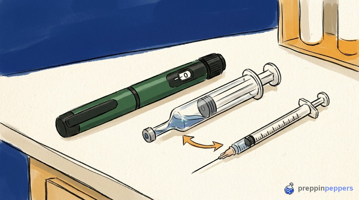 A Gansulin pen beside a cartridge with leftover liquid and an insulin syringe illustrating recovered dead volume.