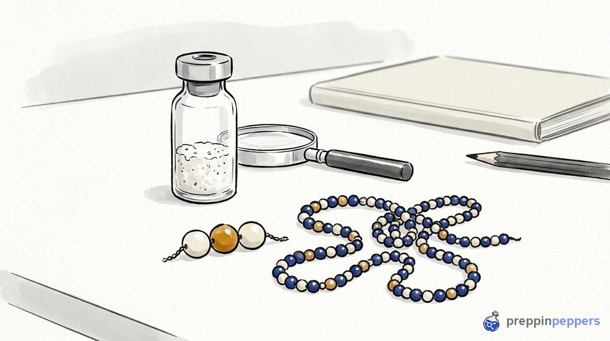 A short three-bead chain and a long, complex beaded chain lie next to an unlabeled vial on a lab bench.