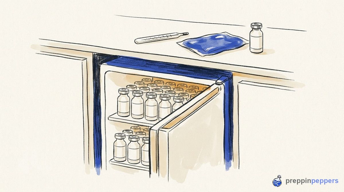 A small lab fridge, a thermometer, an ice pack, and plain unlabeled glass vials on a lab bench.