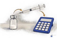 Plain vial, insulin syringe set to 0.5 mL, and calculator illustrating peptide reconstitution calculation